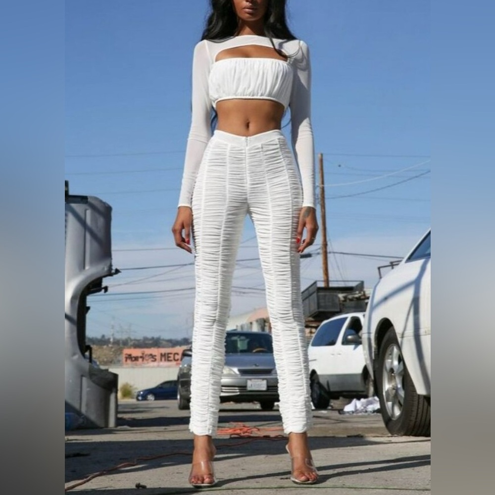 NWT I.AM.GIA. Ophelia White Ruched Ruffle High Rise Pants size Small